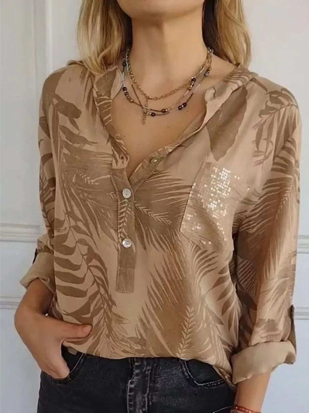 Full Size Printed Button Detail Long Sleeve Blouse Plus Size - Trendsi - Flyclothing LLC
