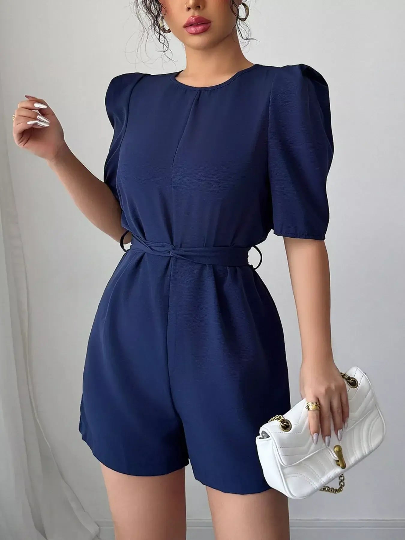 Tie Waist Short Sleeve Romper - Trendsi - Flyclothing LLC