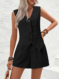 V-Neck Button Down Vest and Shorts Set - Trendsi - Flyclothing LLC