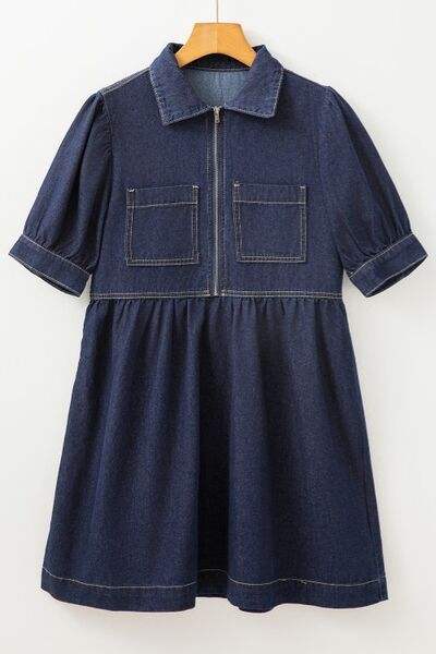 Collared Neck Half Zip Denim Dress - Trendsi - Flyclothing LLC