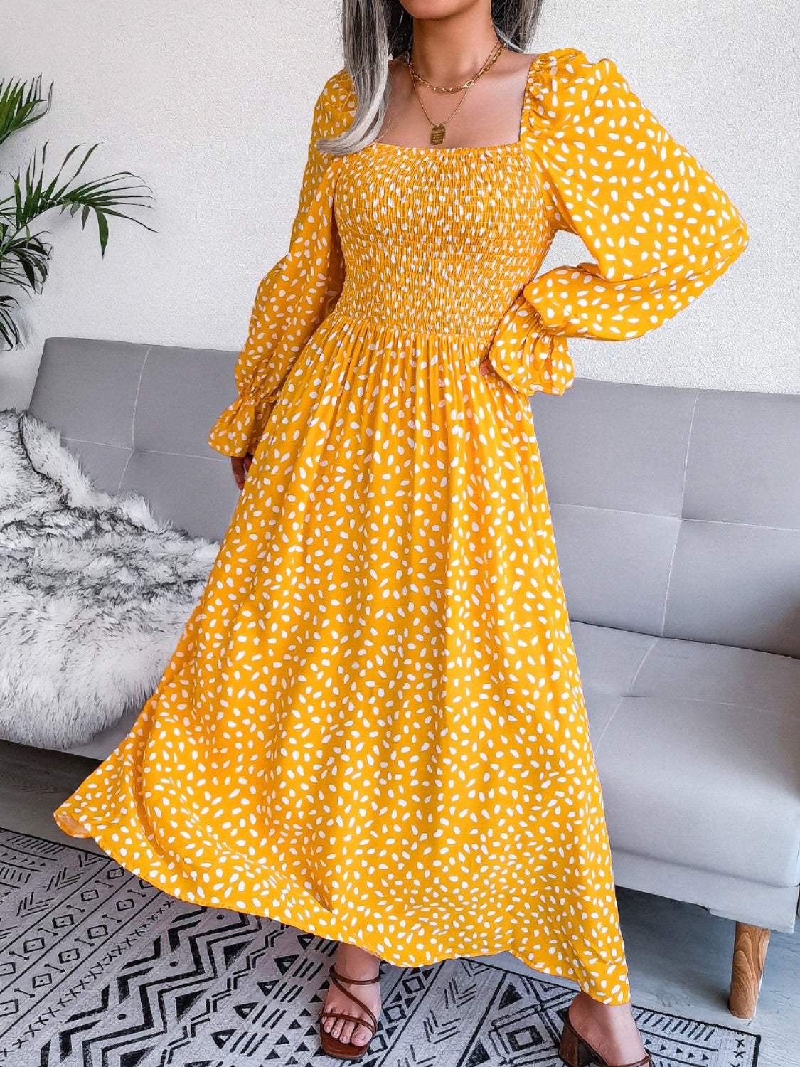 Smocked Square Neck Flounce Sleeve Dress - Trendsi - Flyclothing LLC