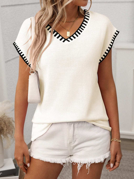 Contrast Trim V-Neck Short Sleeve Knit Top - Trendsi - Flyclothing LLC