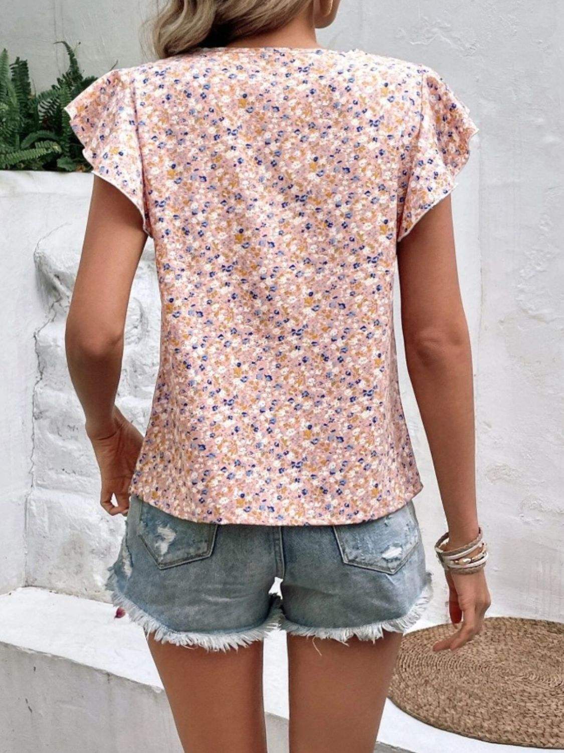 Ditsy Floral Round Neck Cap Sleeve Top - Trendsi - Flyclothing LLC