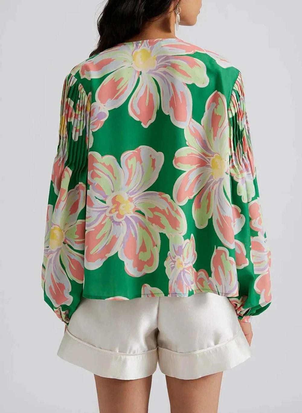 Floral Pleated Puff Sleeve Shirt - Trendsi - Flyclothing LLC