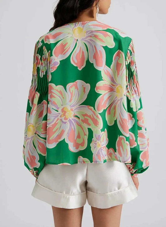 Floral Pleated Puff Sleeve Shirt - Trendsi - Flyclothing LLC