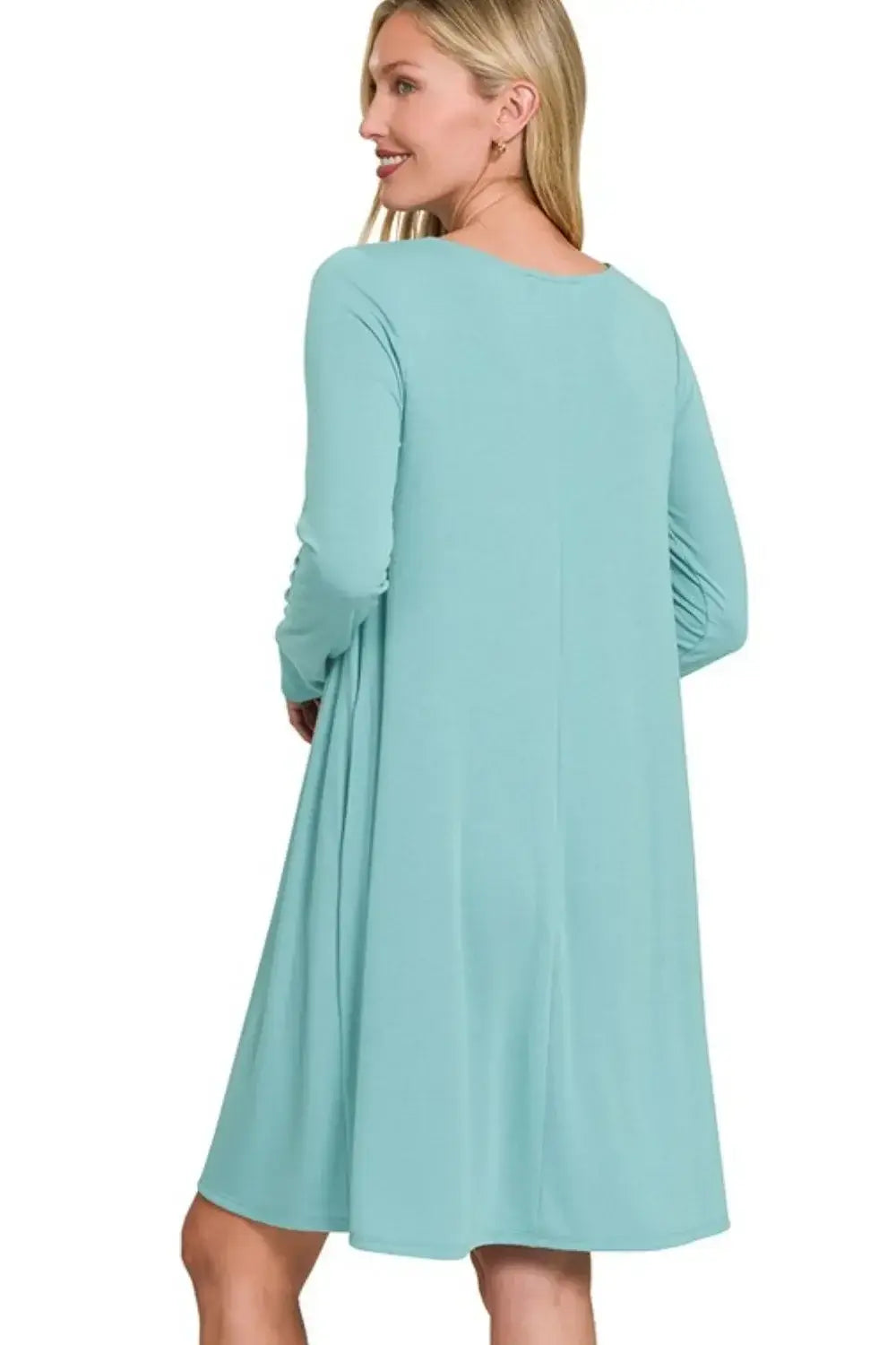 Zenana Long Sleeve Flare Dress With Pockets - Trendsi - Flyclothing LLC