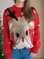 Reindeer Round Neck Dropped Shoulder Sweater - Trendsi