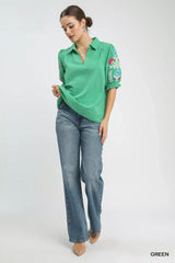 Umgee Seersucker Embroidered Sleeve Blouse - Trendsi - Flyclothing LLC