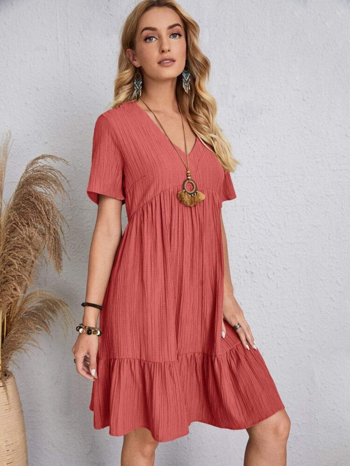 Full Size V-Neck Short Sleeve Dress - Trendsi - Flyclothing LLC