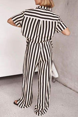 Striped Collared Neck Half Sleeve Top and Pants Set - Trendsi - Flyclothing LLC