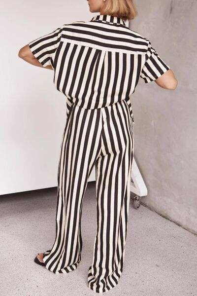 Striped Collared Neck Half Sleeve Top and Pants Set - Trendsi - Flyclothing LLC