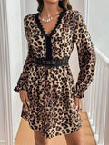 Lace Detail Leopard Flounce Sleeve Mini Dress - Trendsi
