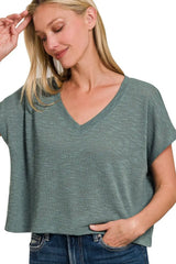 Zenana Hacci Slub V-neck Drop Shoulder Crop Top - Trendsi - Flyclothing LLC