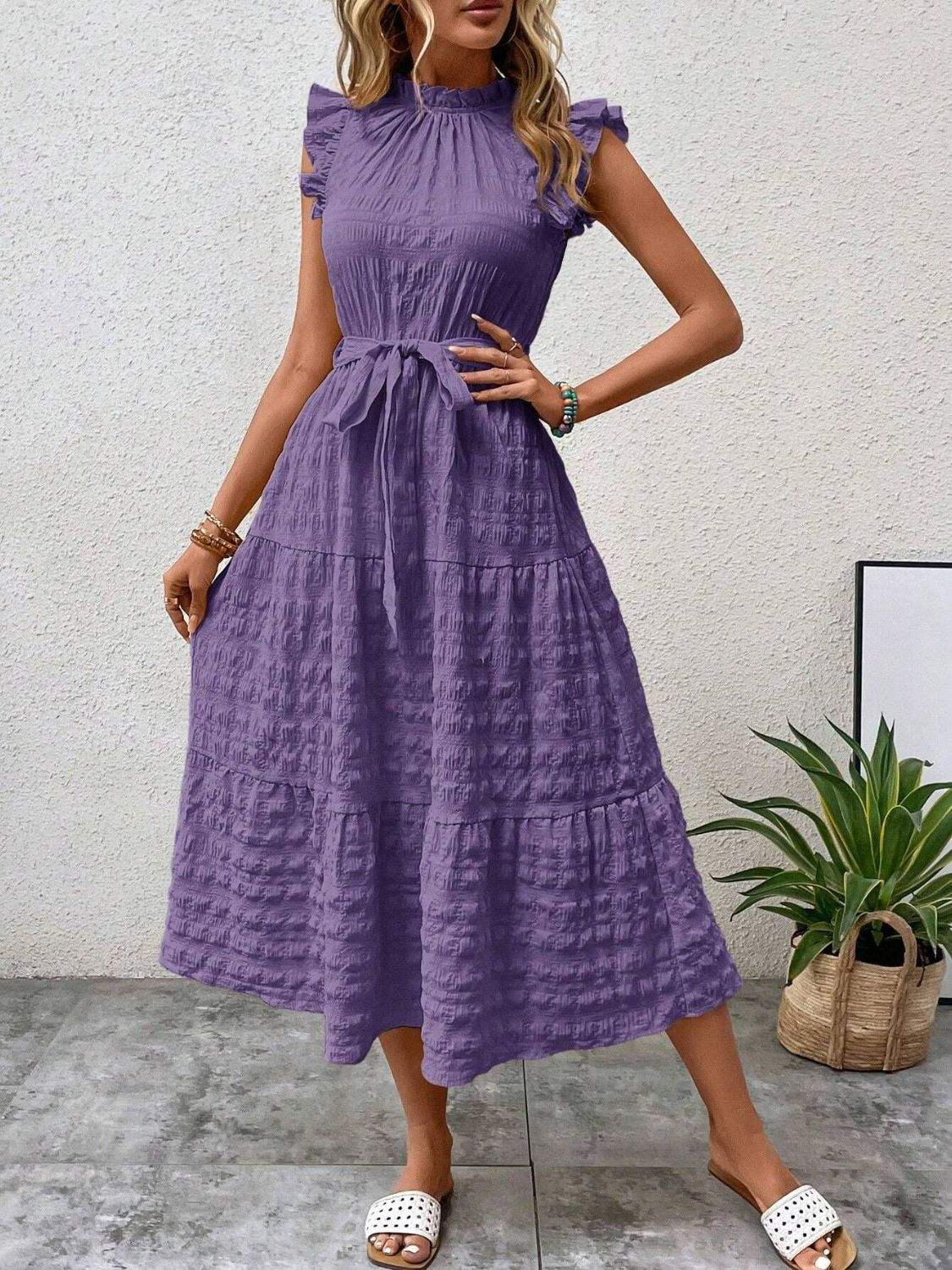 Tied Ruffled Cap Sleeve Midi Dress - Trendsi - Flyclothing LLC