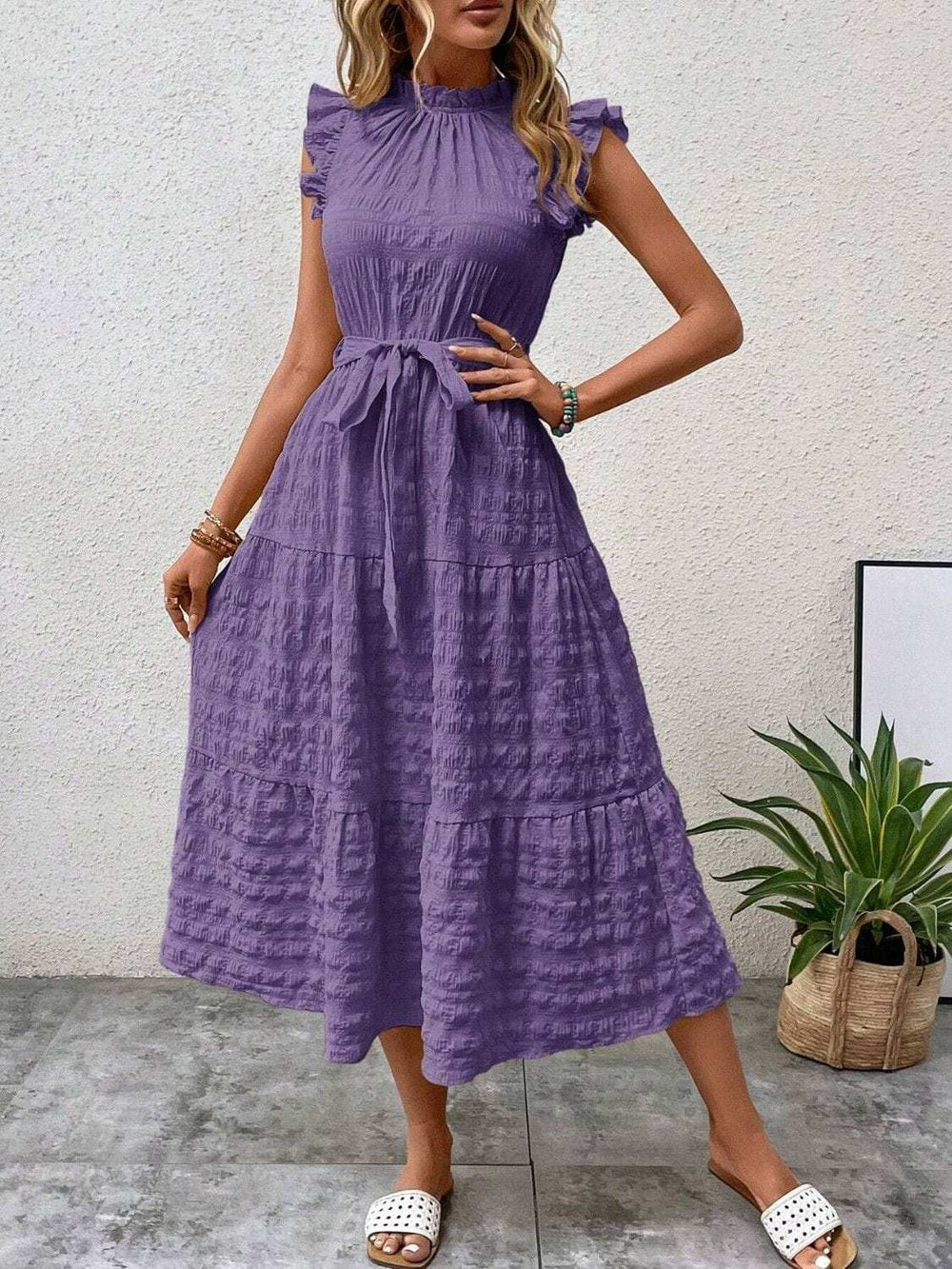 Tied Ruffled Cap Sleeve Midi Dress - Trendsi - Flyclothing LLC