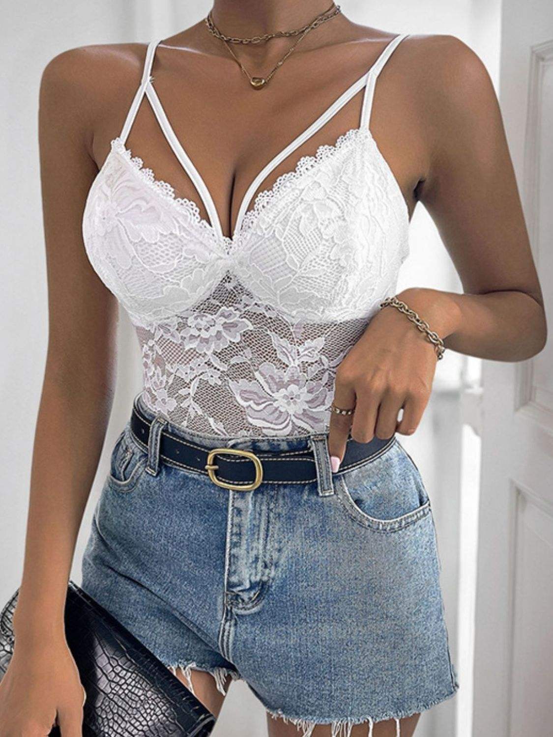 Perfee Spaghetti Strap Lace Bodysuit - Trendsi - Flyclothing LLC
