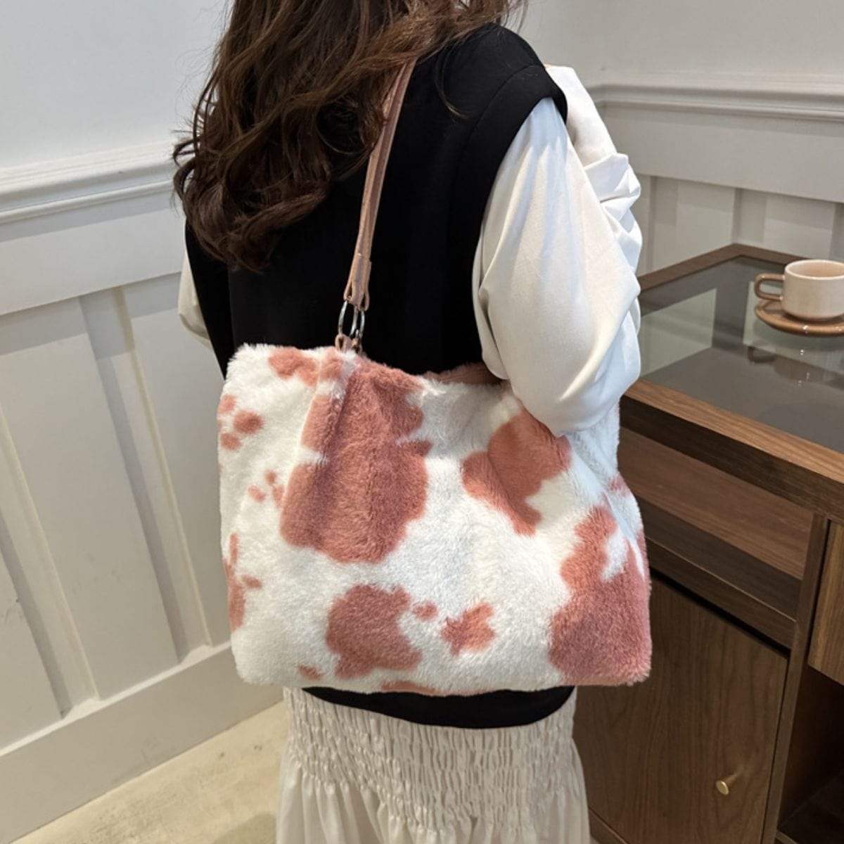 Cow Print Furry Tote Bag - Trendsi - Flyclothing LLC