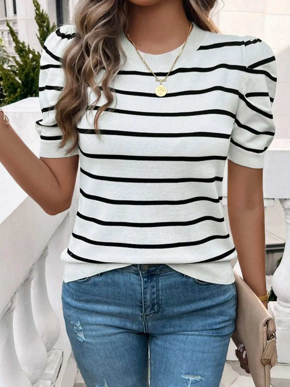 Striped Round Neck Puff Sleeve Knit Top - Trendsi - Flyclothing LLC
