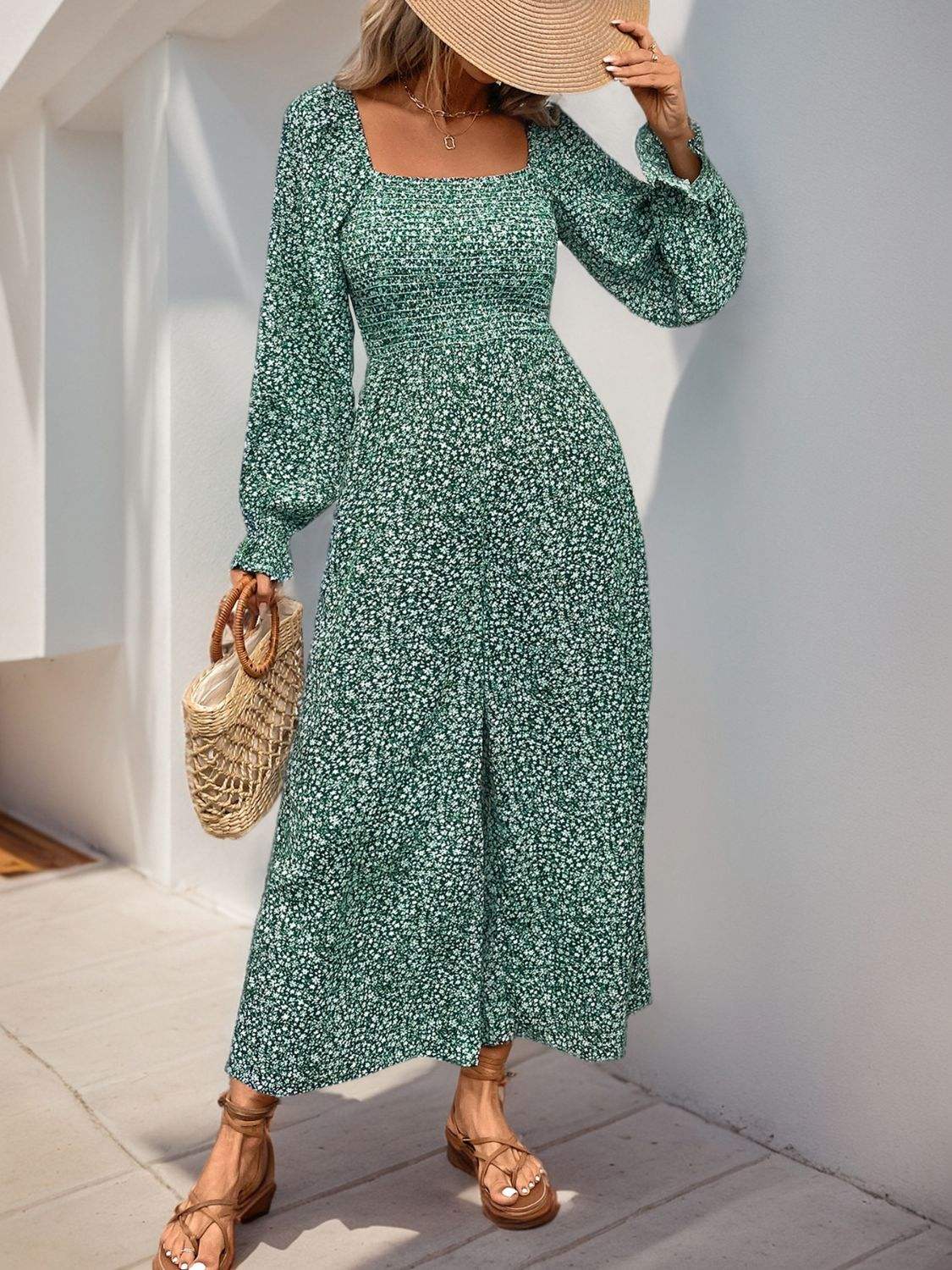 Perfee Smocked Printed Long Sleeve Wide Leg Jumpsuit - Trendsi - Flyclothing LLC