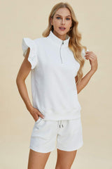Double Take Full Size Texture Flounce Sleeve Top and Shorts Set - Trendsi - Flyclothing LLC