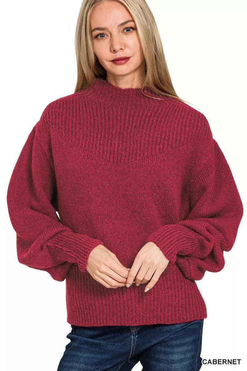 Zenana Balloon Sleeve Mock Neck Sweater - Trendsi - Flyclothing LLC