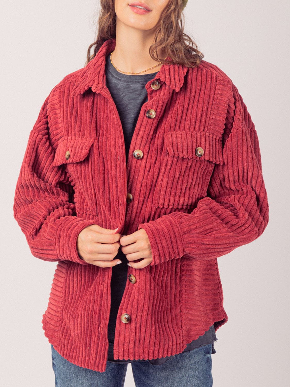 Button Up Long Sleeve Corduroy Jacket - Trendsi