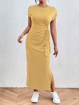 Tied Striped Round Neck Short Sleeve Tee Dress - Trendsi - Flyclothing LLC
