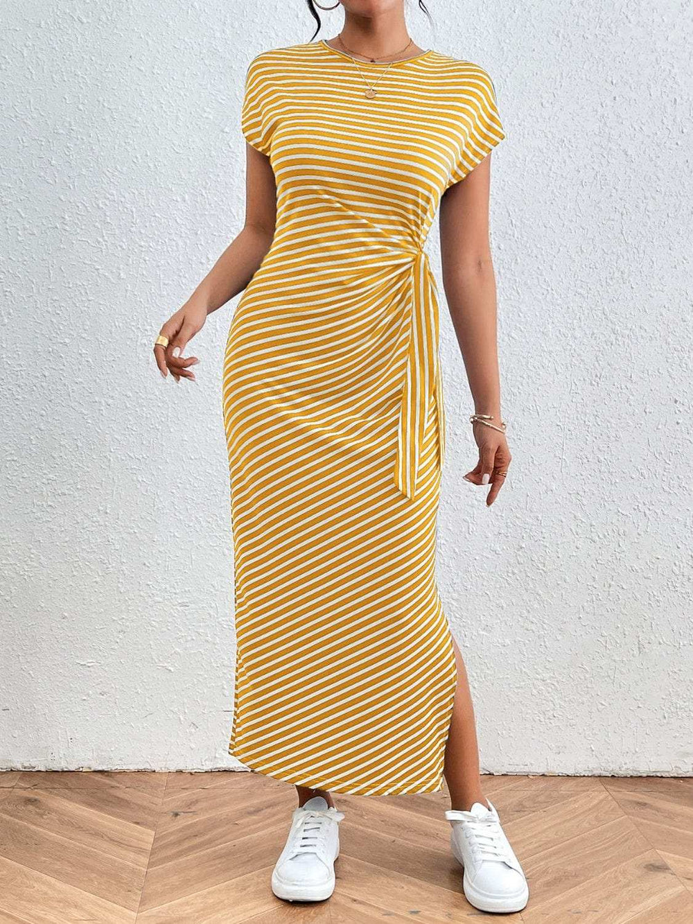 Tied Striped Round Neck Short Sleeve Tee Dress - Trendsi - Flyclothing LLC