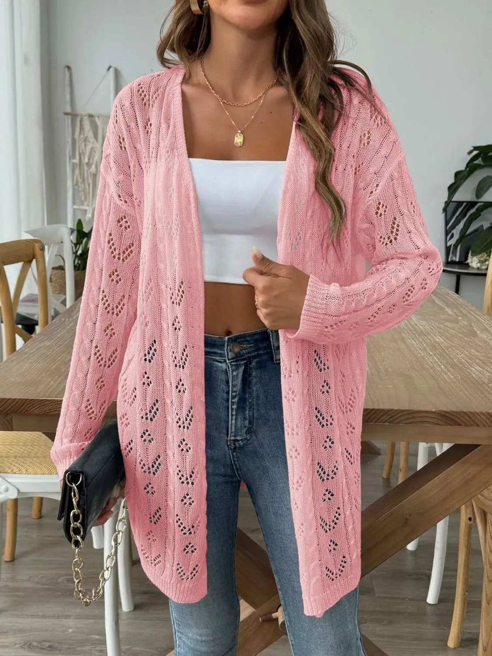 Openwork Open Front Long Sleeve Cardigan - Trendsi - Flyclothing LLC