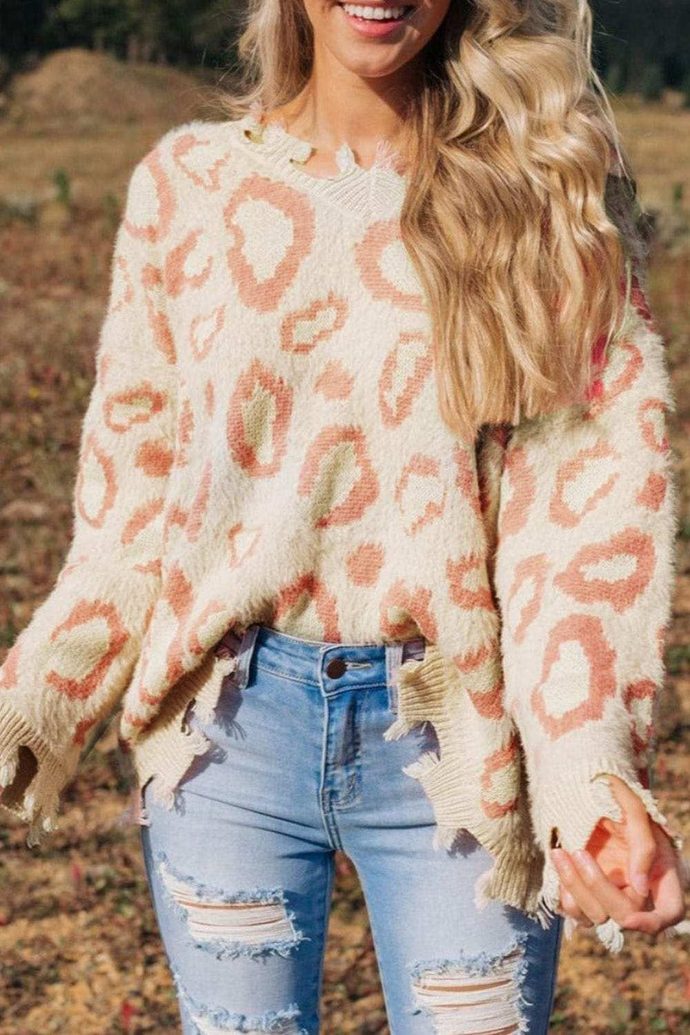 Distressed Trim Leopard V-Neck Sweater - Trendsi - Flyclothing LLC