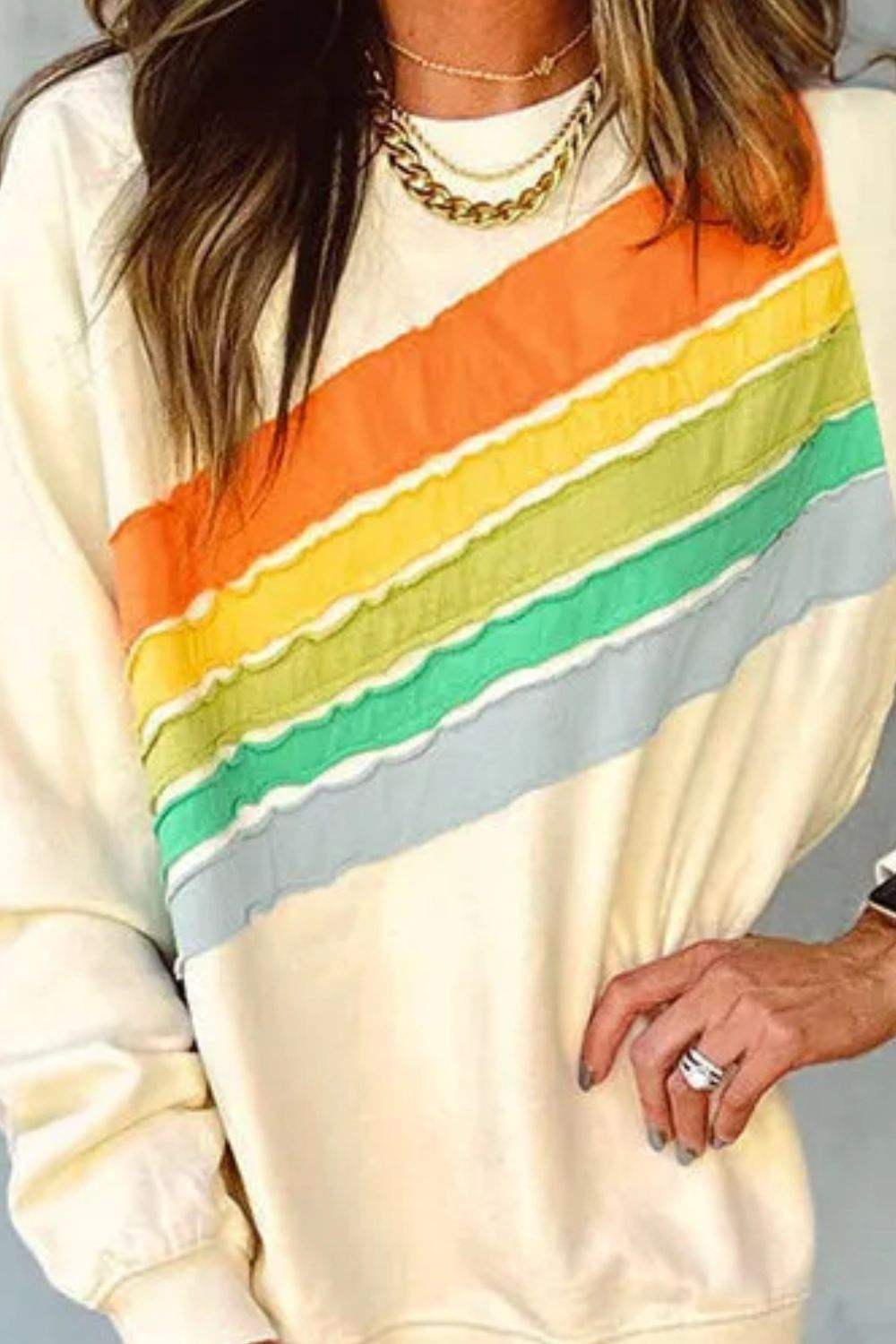 Contrast Round Neck Long Sleeve Sweatshirt - Trendsi - Flyclothing LLC