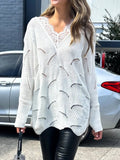 Lace Detail Openwork V-Neck Long Sleeve Sweater - Trendsi