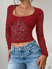 Devine Scoop Neck Long Sleeve Lace Top - Trendsi