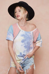 BiBi Tie Dye Printed Cotton Color Block T-Shirt - Trendsi - Flyclothing LLC