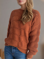 Openwork Round Neck Dropped Shoulder Sweater - Trendsi