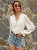 Lace Detail V-Neck Swiss Dot Blouse - Trendsi