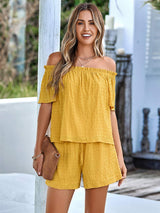 Full Size Off-Shoulder Short Sleeve Top and Tied Shorts Set - Trendsi - Flyclothing LLC
