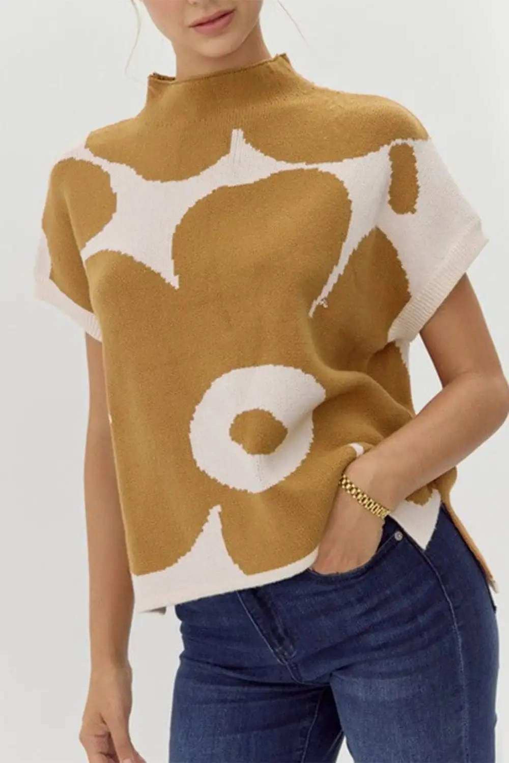 Contrast Flower Mock Neck Short Sleeve Sweater - Trendsi - Flyclothing LLC