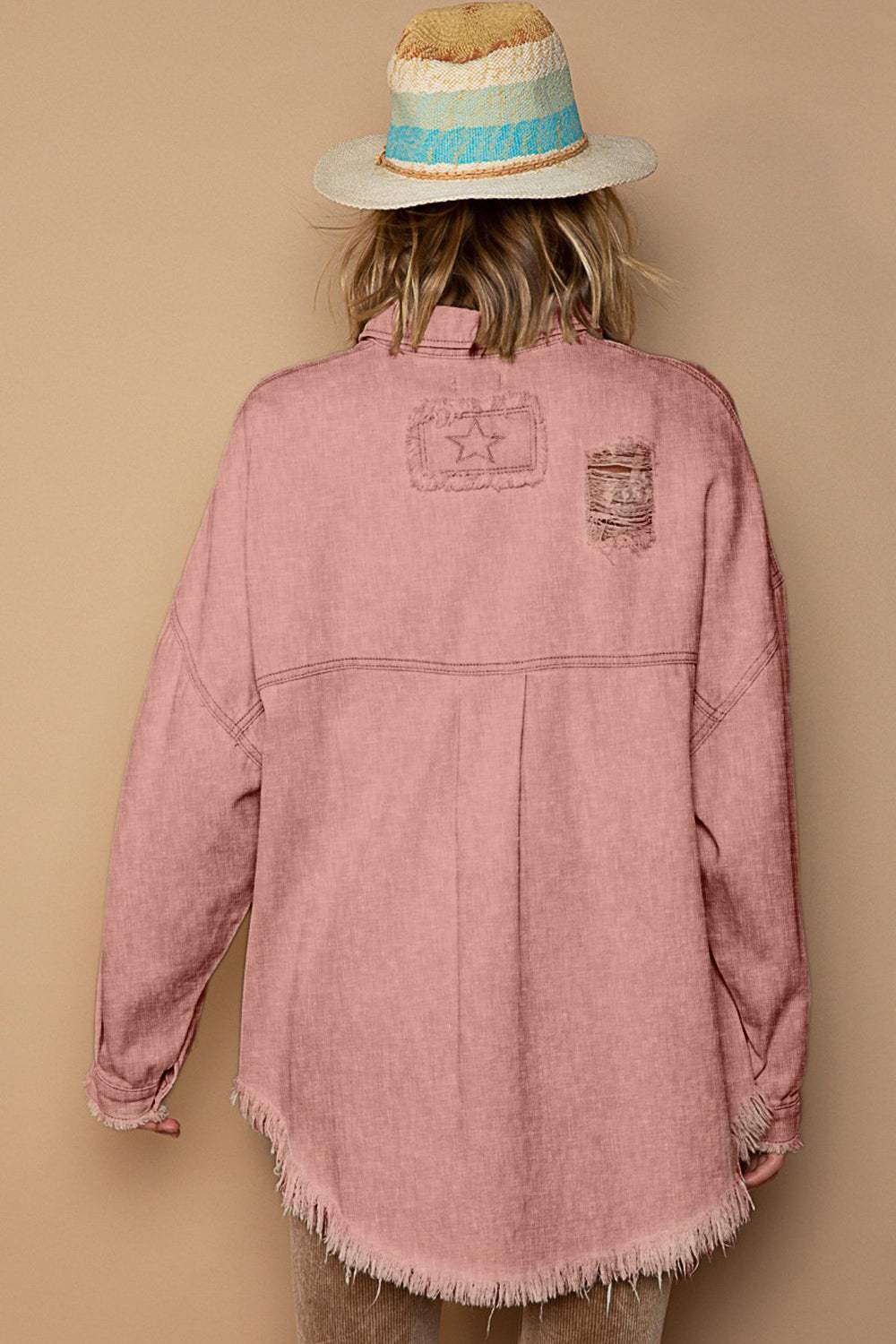 POL Button Down Raw Hem Distressed Shacket - Trendsi - Flyclothing LLC