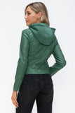 Snobbish Faux Leather Zip Up Drawstring Hooded Jacket - Trendsi