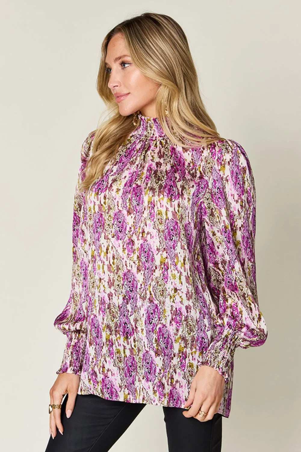 Double Take Full Size Printed Smocked Long Sleeve Blouse - Trendsi - Flyclothing LLC