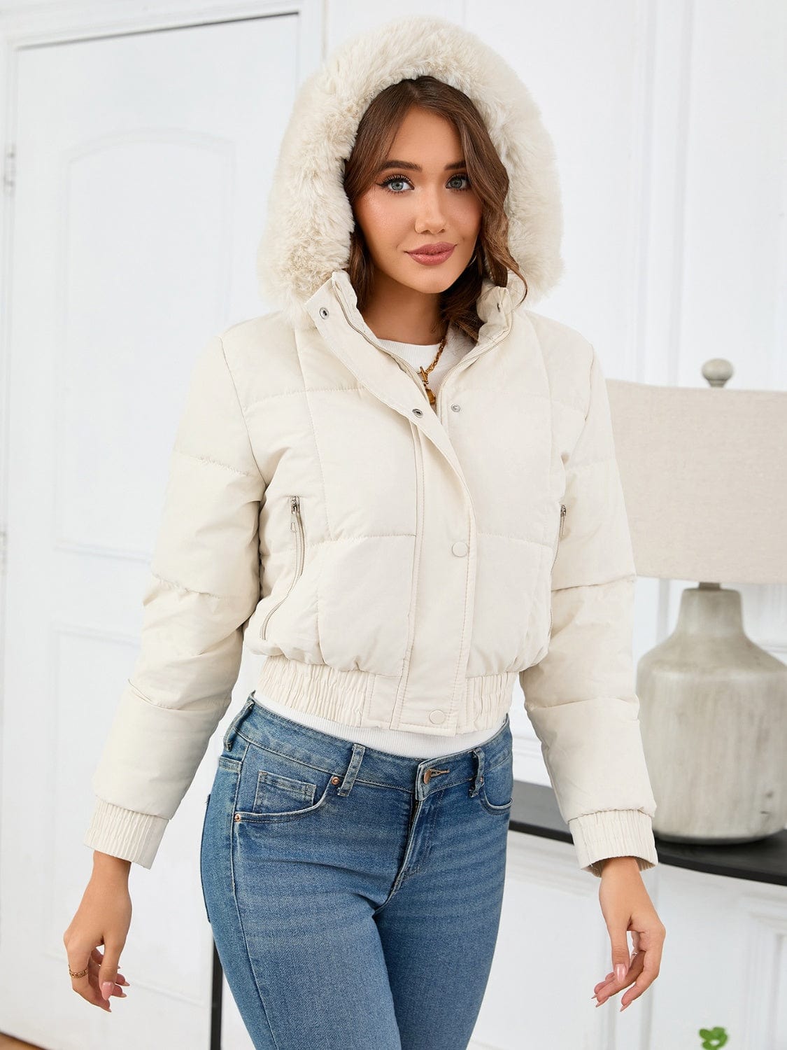 Pocketed Long Sleeve Cropped Hooded Winter Coat - Trendsi