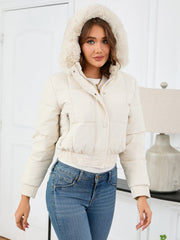 Pocketed Long Sleeve Cropped Hooded Winter Coat - Trendsi