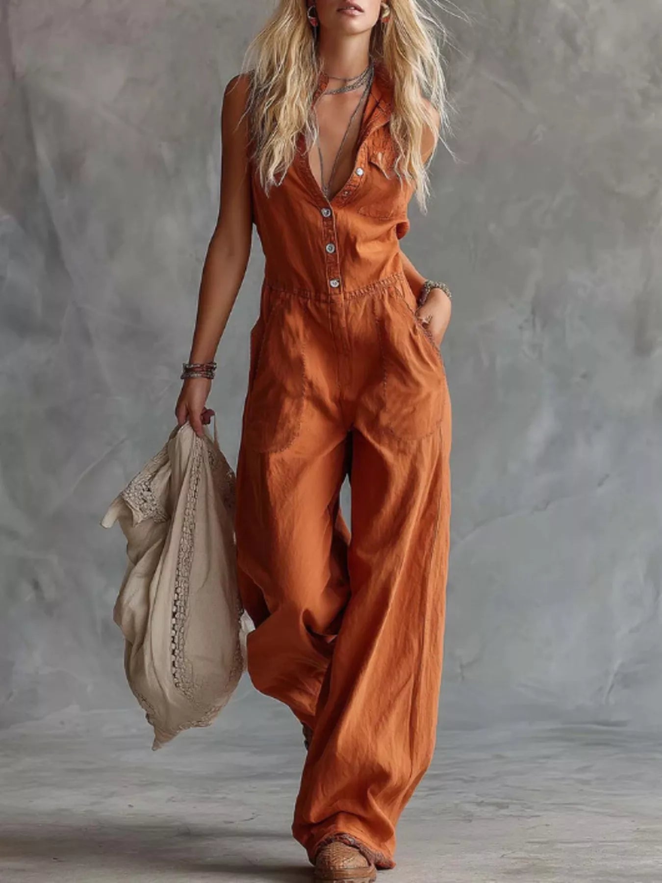 Western Sleeveless Wide-Leg Button-Down Jumpsuit - Trendsi - Flyclothing LLC