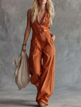 Western Sleeveless Wide-Leg Button-Down Jumpsuit - Trendsi - Flyclothing LLC