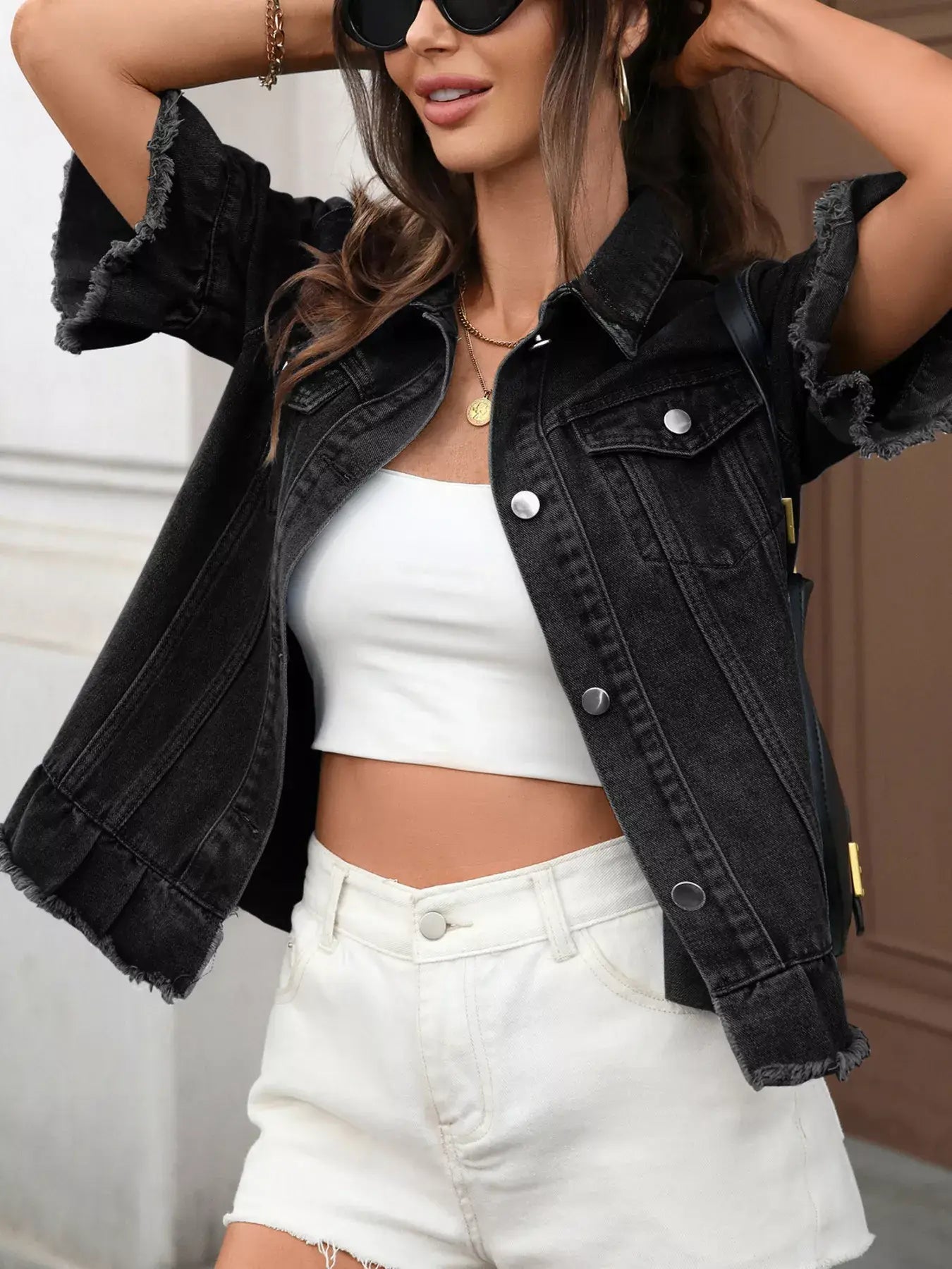 Raw Hem Button Up Denim Jacket - Trendsi - Flyclothing LLC