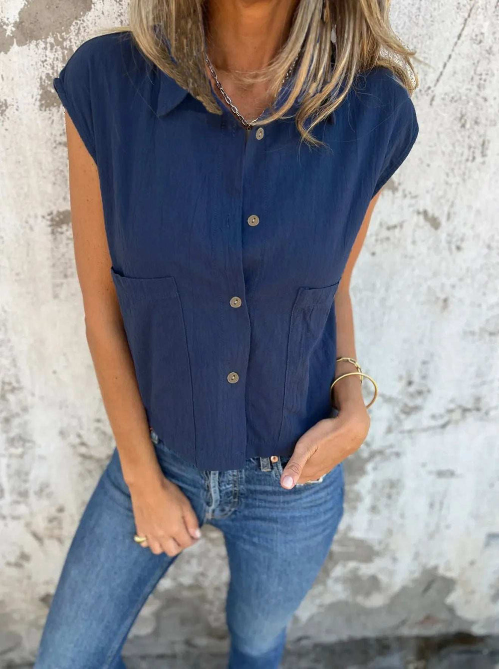Full Size Button Down Cap Sleeve Linen Shirt Plus Size - Trendsi - Flyclothing LLC
