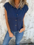 Full Size Button Down Cap Sleeve Linen Shirt Plus Size - Trendsi - Flyclothing LLC