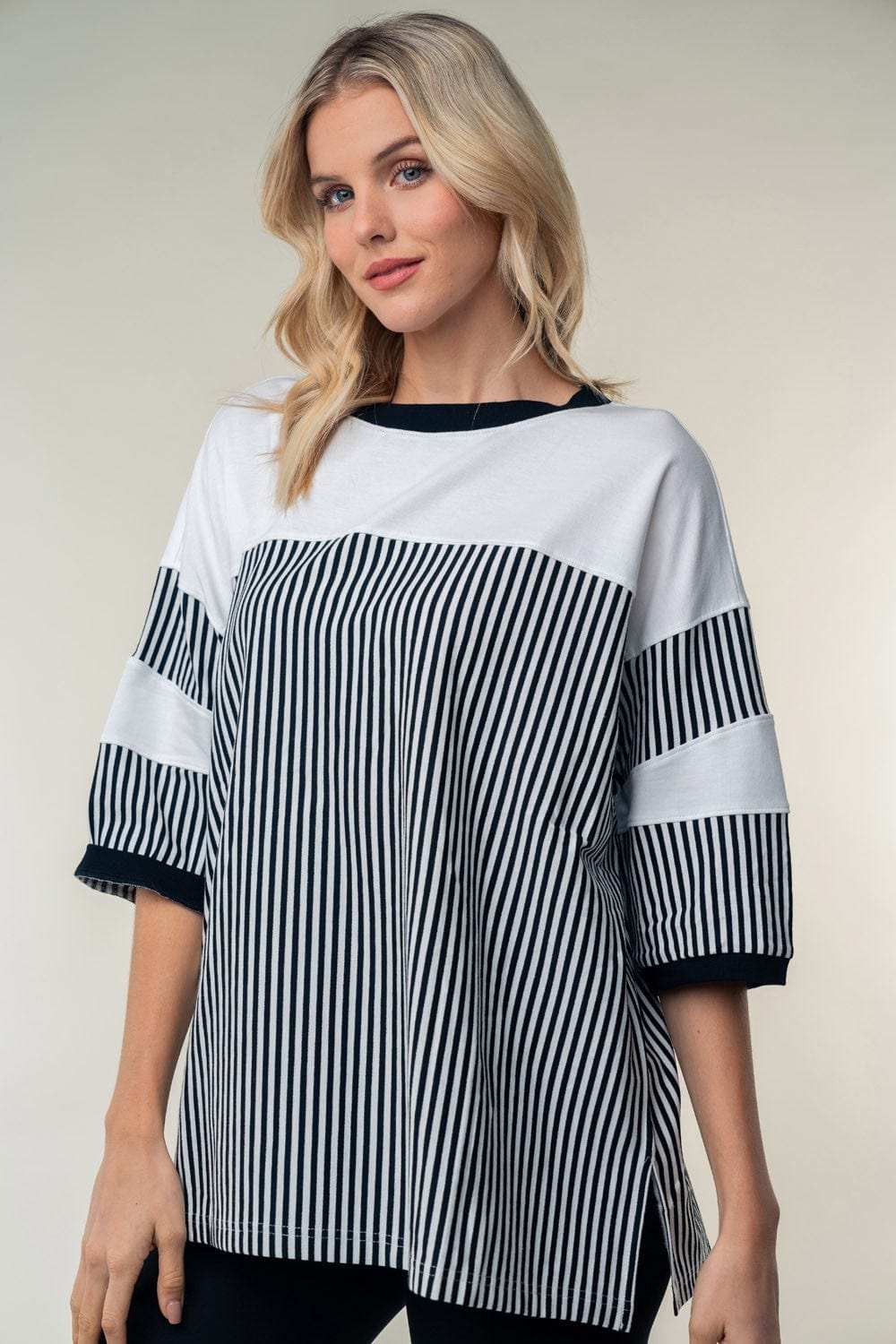 White Birch Full Size Striped Contrast Round Neck Top - Trendsi - Flyclothing LLC