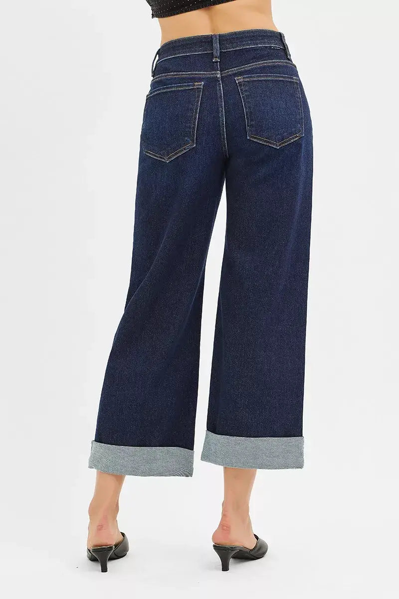 RISEN Mid Rise Fit Ankle Wide Roll Up Jeans - Trendsi - Flyclothing LLC
